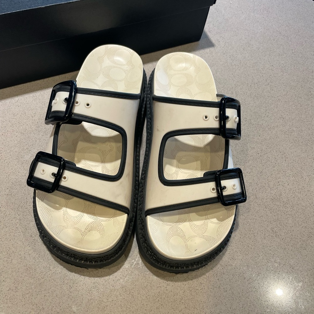 Coach Dual Strap Black and White Slides - Picture 2 of 4